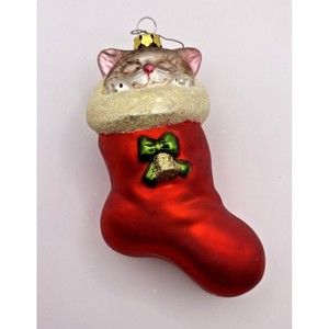 Cat Christmas Ornament in Red Stocking Used